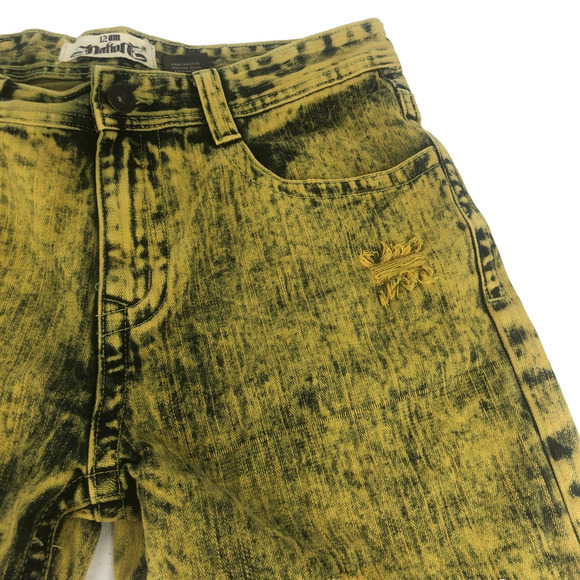 12am Nation Mens Distressed Denim Shorts Size 34 Mustard Yellow Black Acid Wash - Picture 8 of 15